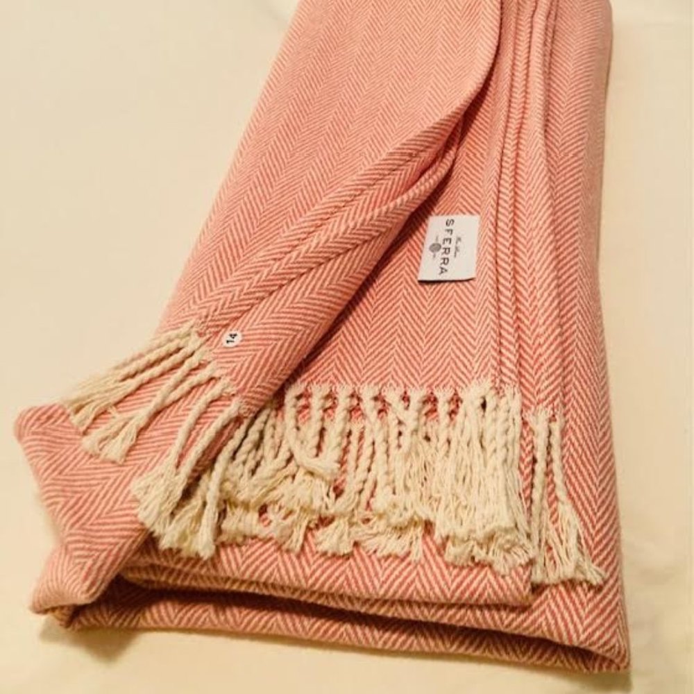 Sferra Celine Throw Blanket Red (Salmon) Cotton Herringbone Twisted Fringe